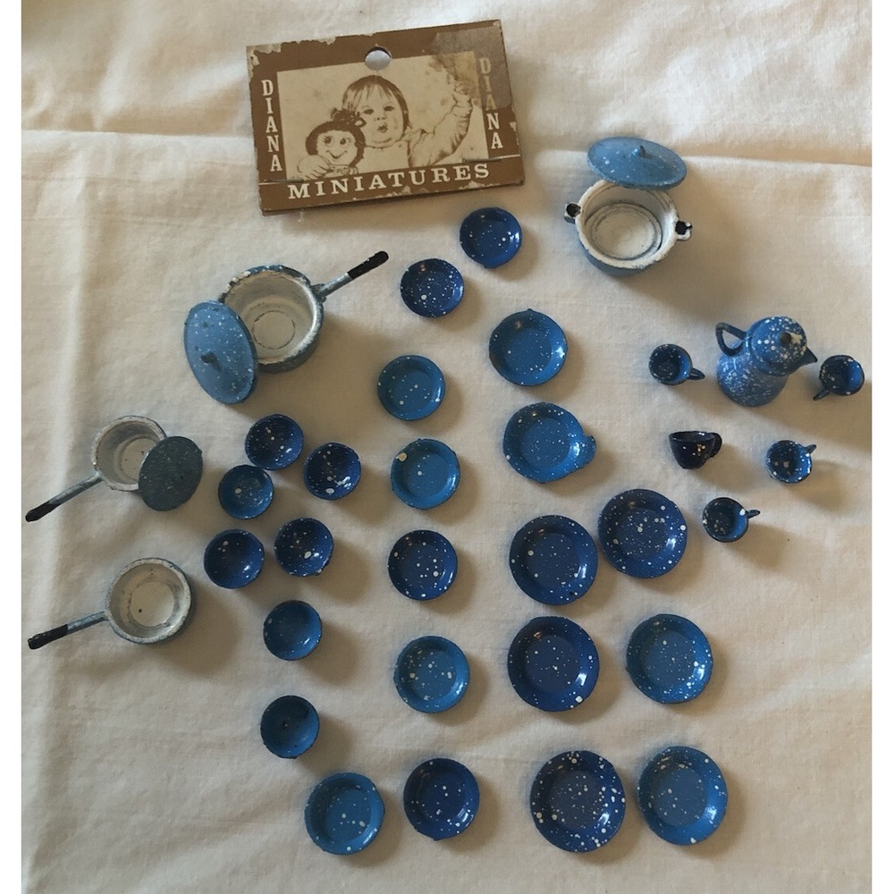 35 Piece Blue Enamel Pots Pans Plates Cups Kettle Dollhouse Mini Vintage
